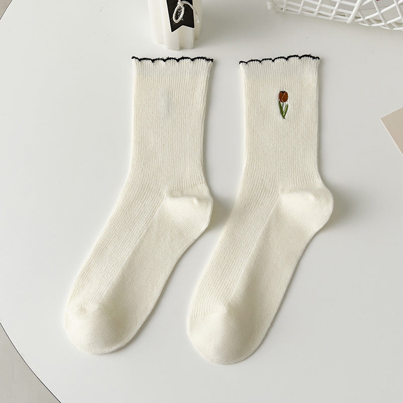 Lace Embroidery Cotton Mid-Calf Socks Women N6C154