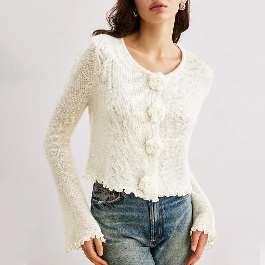 3D Floral Ruffle Knit Bodycon Ultra Light White N5Z666