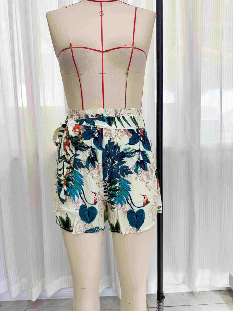 Tropical Print Drawstring Waist Wide Leg Shorts Women N6C246
