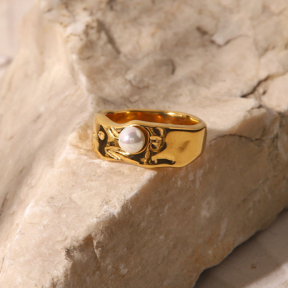 18K Gold Plated Lava Pearl Ring Women Titanium Steel N6H166