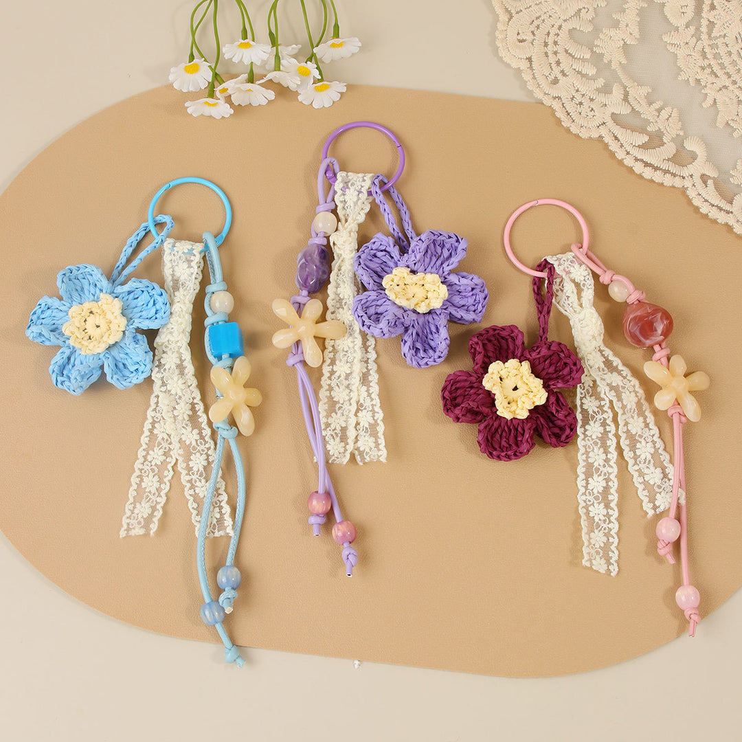 Raffia Double Flower Beaded Bag Charm Keychain N6G067