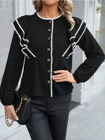 Load image into Gallery viewer, Black Puff Sleeve Lace Trim Blouse Women N6C261