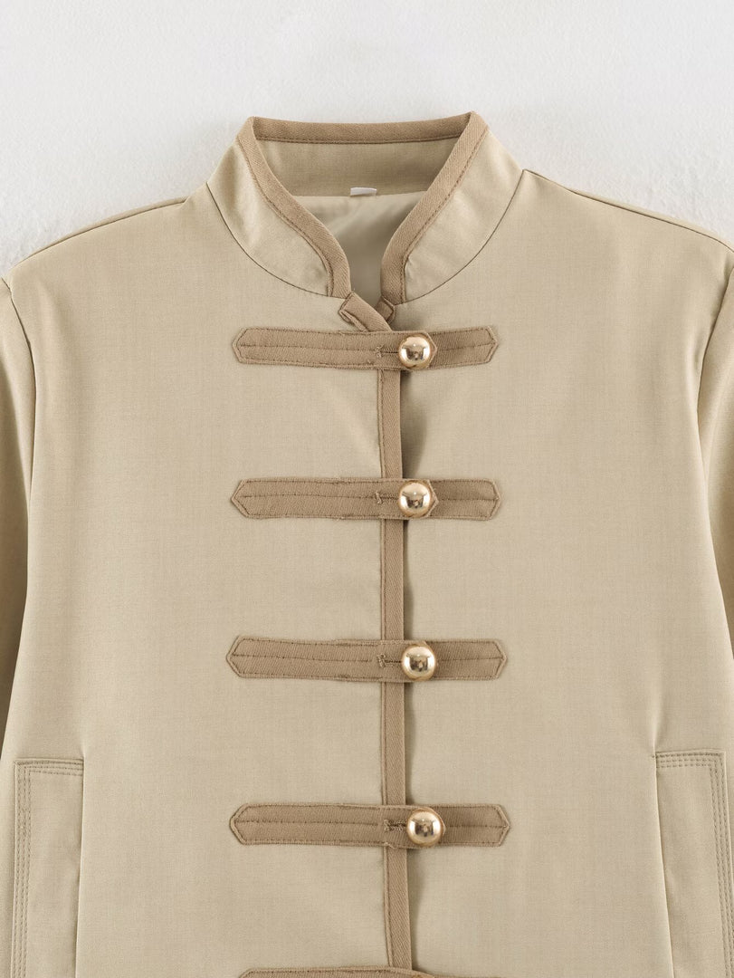 Loose Fit Knot Button Stand Collar Jacket Women N6H127