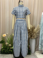 Load image into Gallery viewer, Blue White Plaid Crop Top Wide Leg Pants Set N6F223