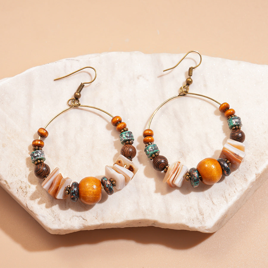 Shell Wood Earrings Asymmetric Hook Vintage Alloy S5P123