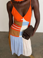 Load image into Gallery viewer, Orange Polka Dot Contrast Spliced Maxi Dress N6F248