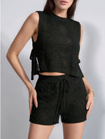 Load image into Gallery viewer, Openwork Knit Sleeveless Vest and Shorts Set Women N6C329