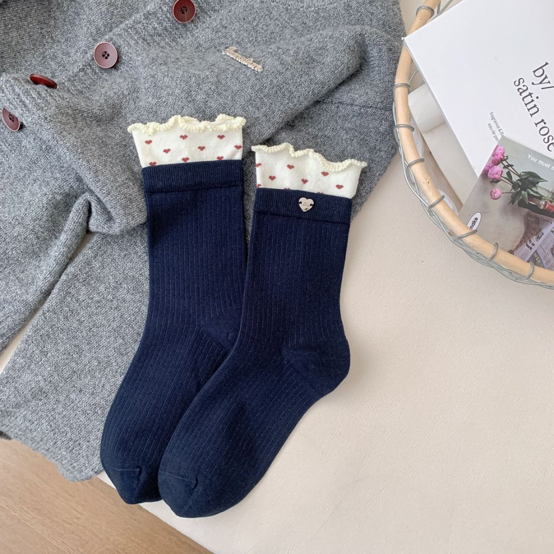 Color Block Ruffle Trim Socks Polka Dot Button Accent M5A022