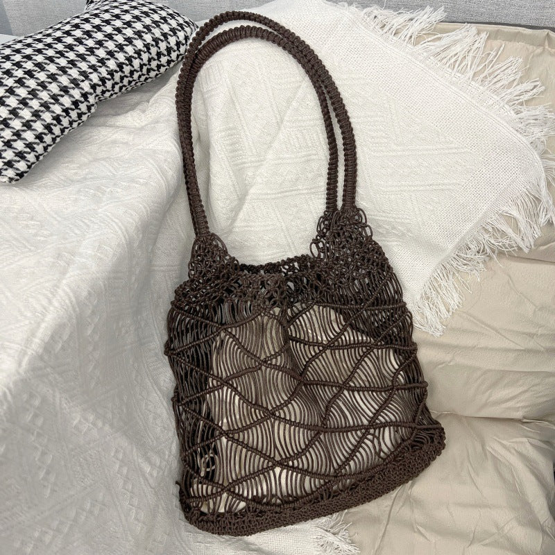Open Weave Waxed Rope Beach Bag Large Straw Tote N6F116