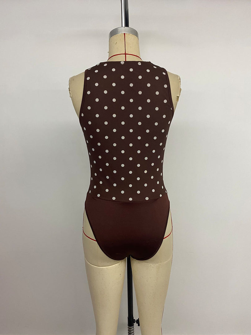 Retro Polka Dot Cowl Neck Deep V Bodysuit N6F008