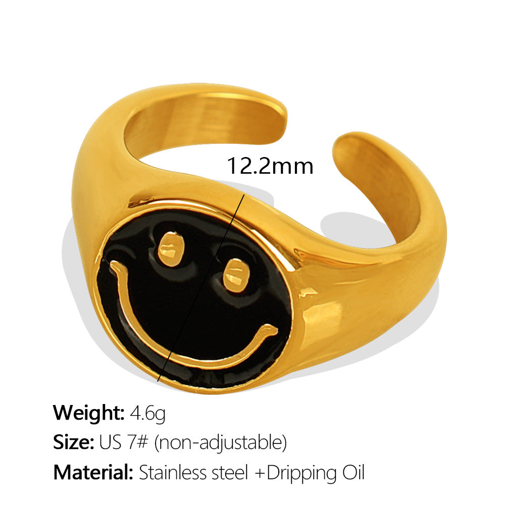Smiley Face Ring Titanium Steel 18K Gold Drip Enamel S5P019