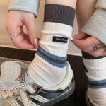 Load image into Gallery viewer, Contrast Label Double Knit Cotton Mid Calf Socks M5A042