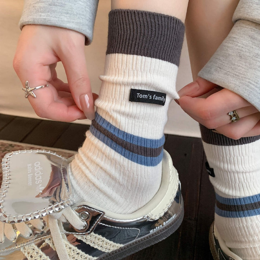 Contrast Label Double Knit Cotton Mid Calf Socks M5A042