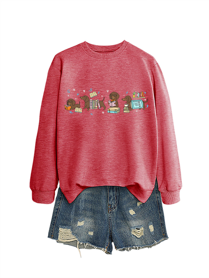 Four Dachshunds Hearts Print Crewneck Sweatshirt N6H048