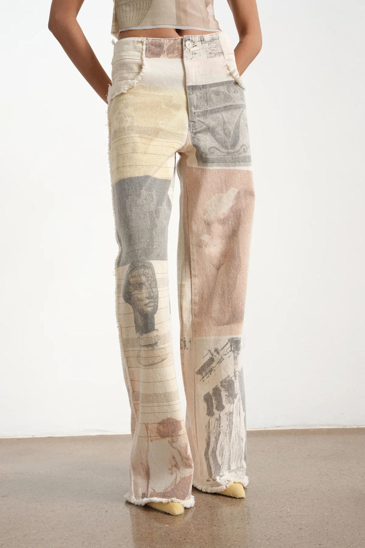 Retro Printed Wide Leg Drag Denim Jeans Women N6D153