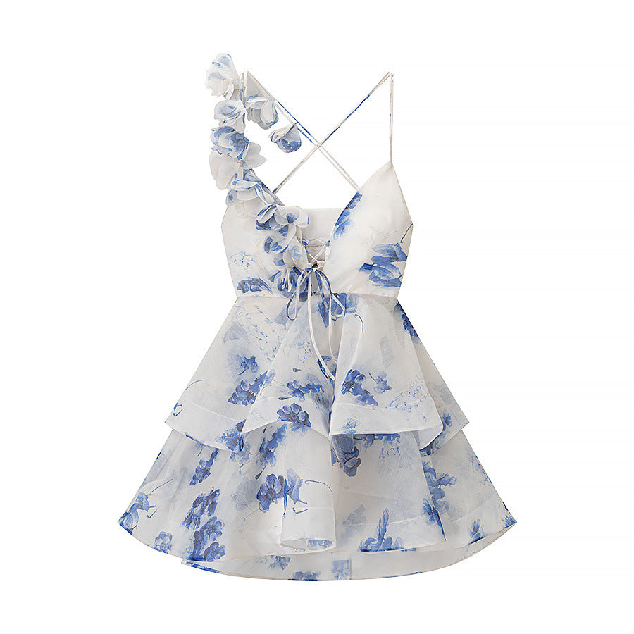 Back Floral Mini Dress Spaghetti V Neck N5Z346