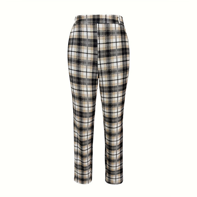 Classic Plaid Elastic Waist Office Trousers Women N5A097