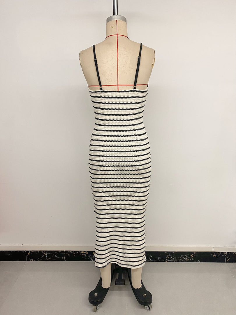 Retro Vacation Knot Detail Stripe Fitted Slip Dress N6C252