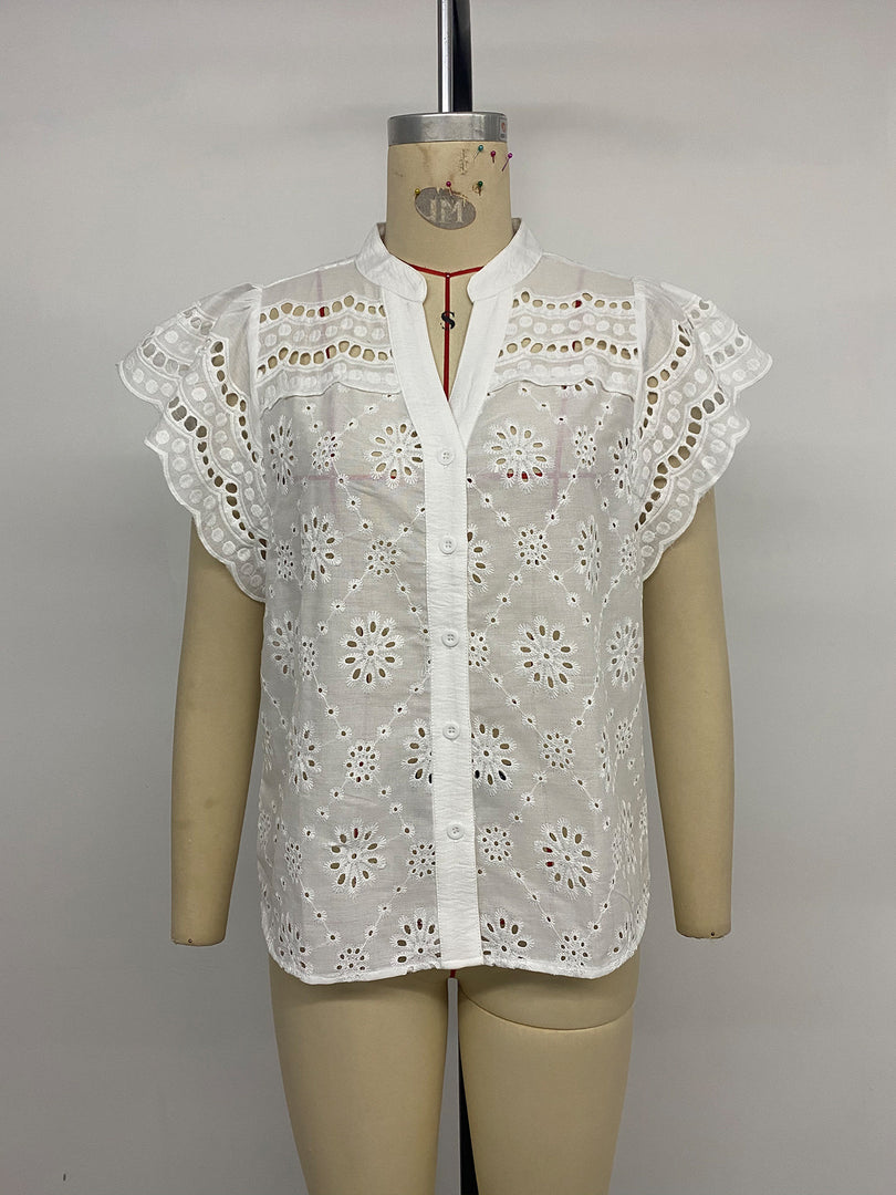 V Neck Eyelet Shirt Women Solid Color N6C105