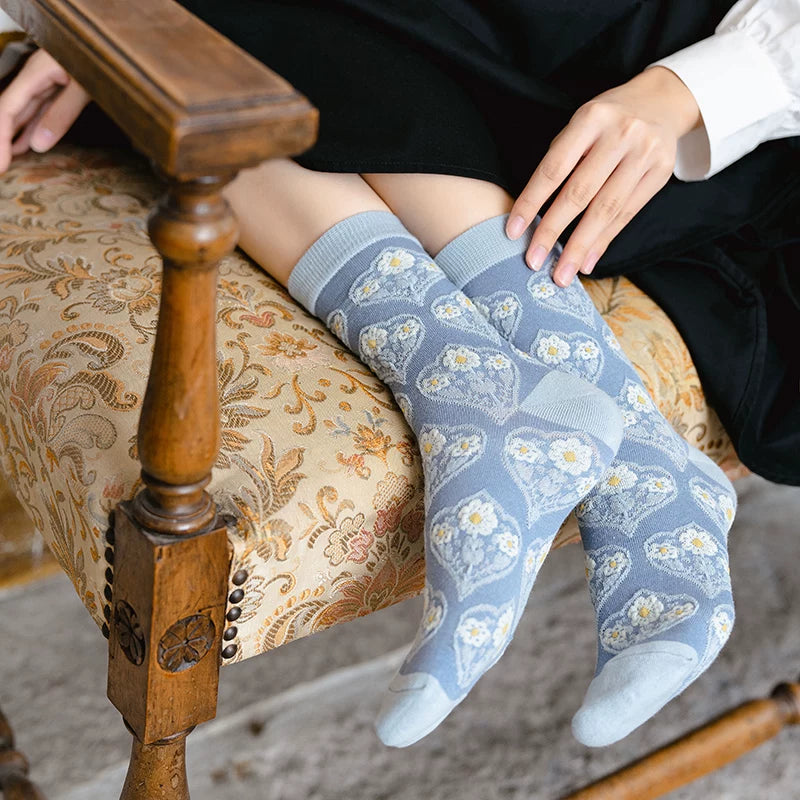 Vintage Blue Ethnic Style Mid-Calf Cotton Socks Women N6H020
