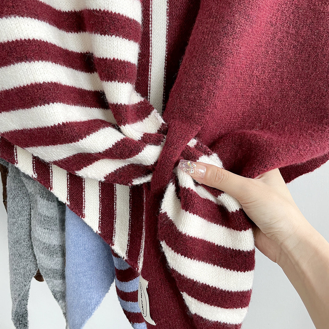 Triangle Wool Blend Shawl Cape Stripe Patchwork N6H308
