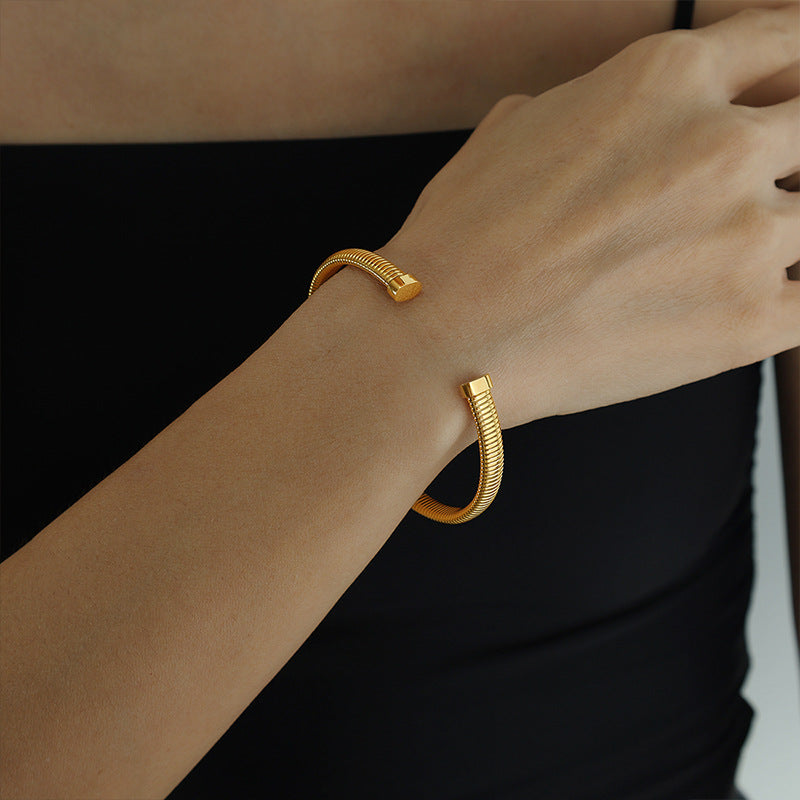 Threaded Wide Bangle Steel Collar Stud Set Titanium S5P258