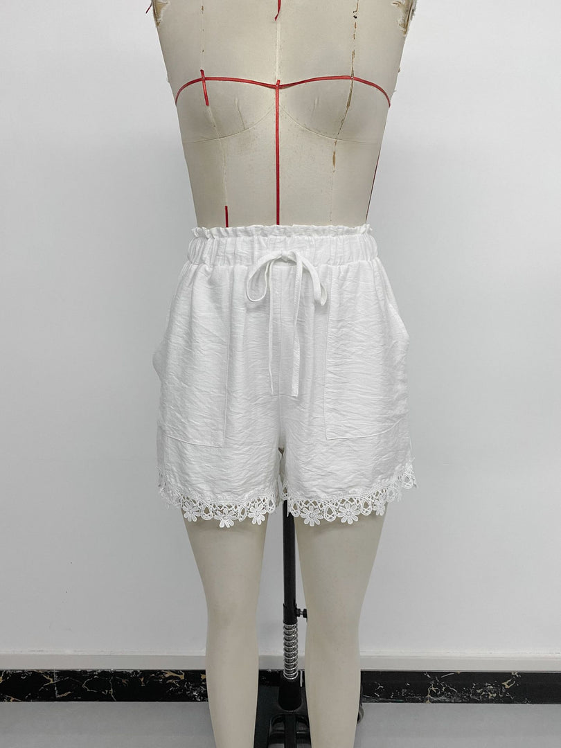 Vacation Drawstring Waist Ruffle Trim Shorts Women N6C258