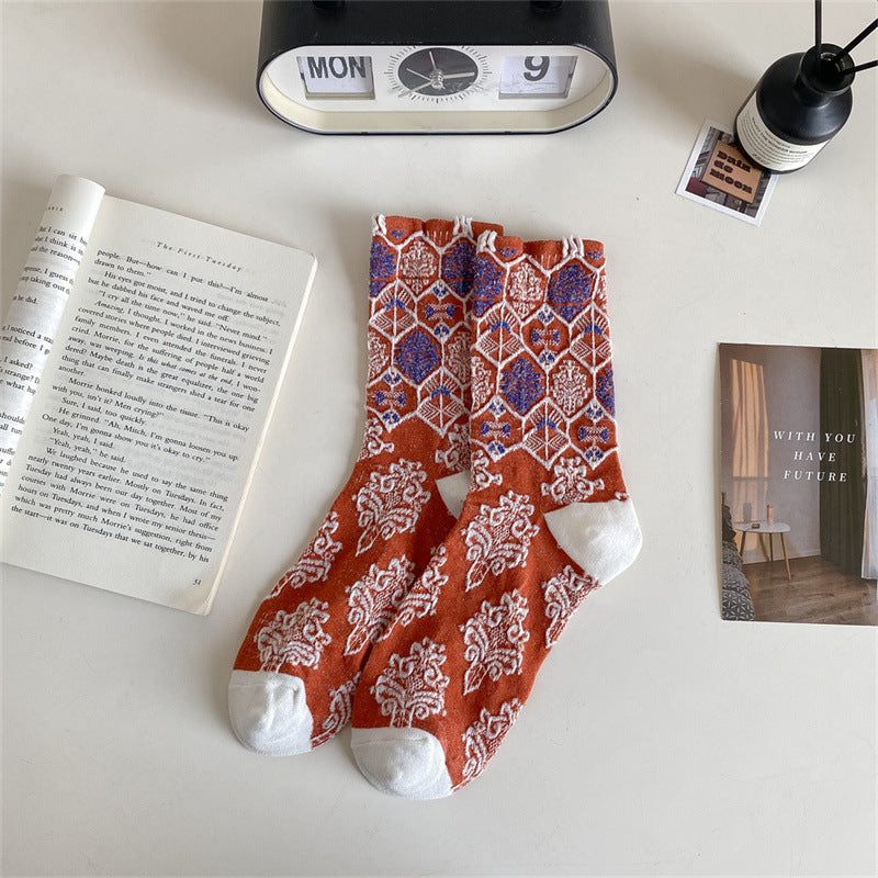Contrast Floral Cotton Mid Calf Socks  M5A073