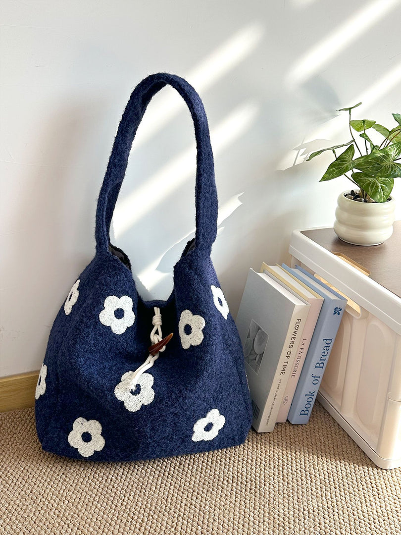 Women's Plush Floral Embroidered Tote Bag N6J218