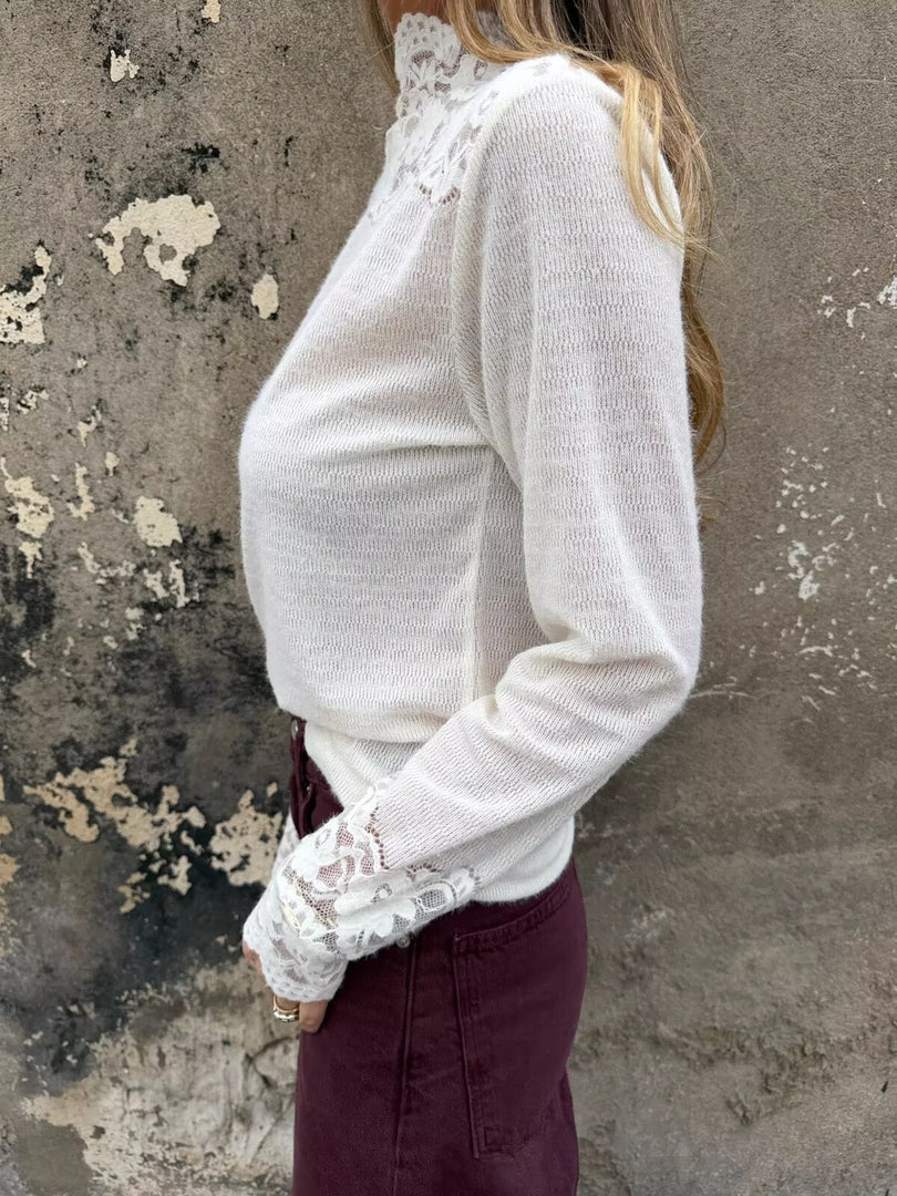 Mock Neck Lace Crochet Long Sleeve Tee Women N6G273
