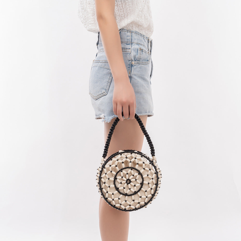 Hand Woven Wooden Bead Circle Bag Drawstring Closure S5P370