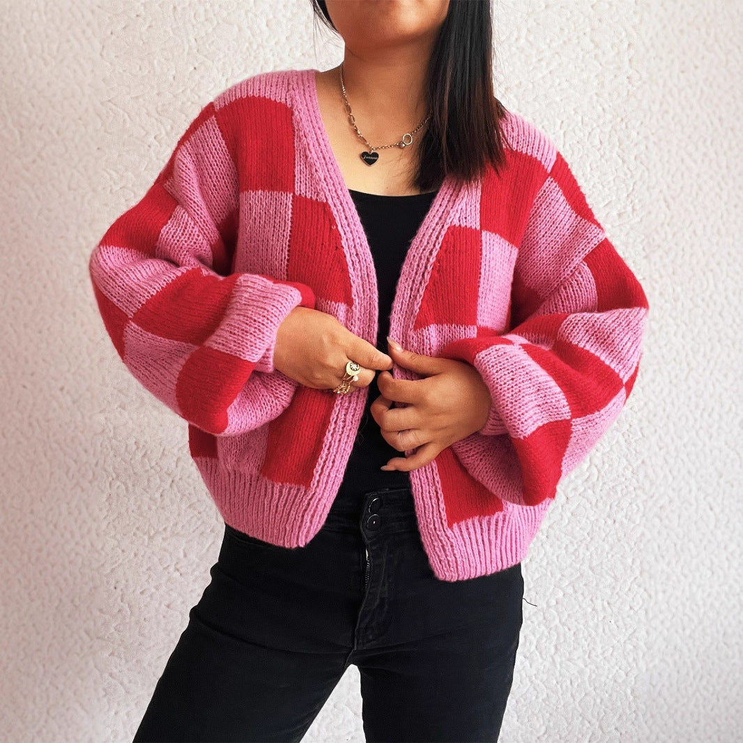 Check V Crop Cardigan Mid Heavy Rose N5A229