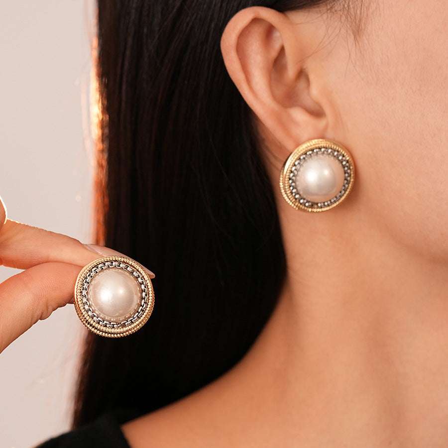 Contrast Chain Faux Pearl Round Silver Stud Earrings N6H152