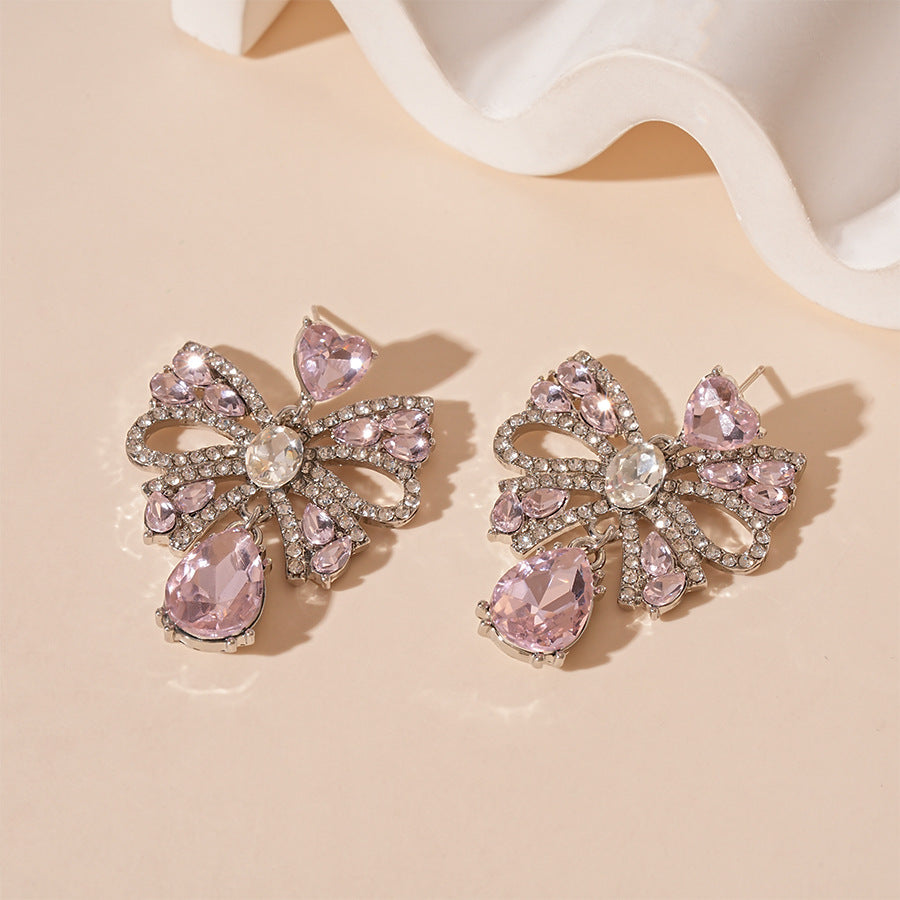 Bow Teardrop Earrings Alloy Prong-Set Crystals Silver S5P131