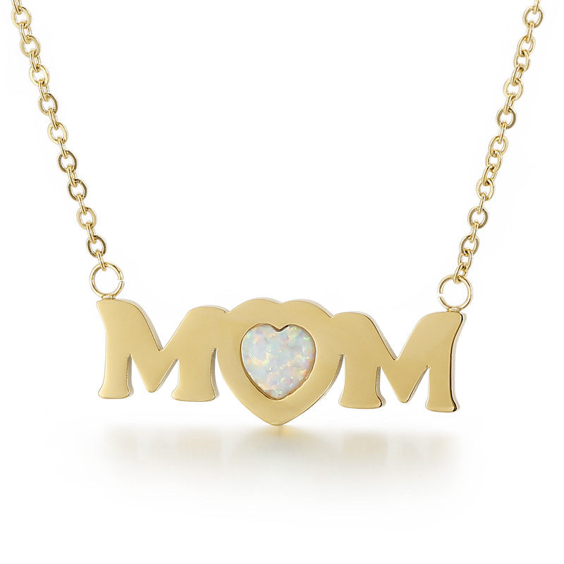 MOM Opal Heart Pendant Titanium Steel Necklace N6D538