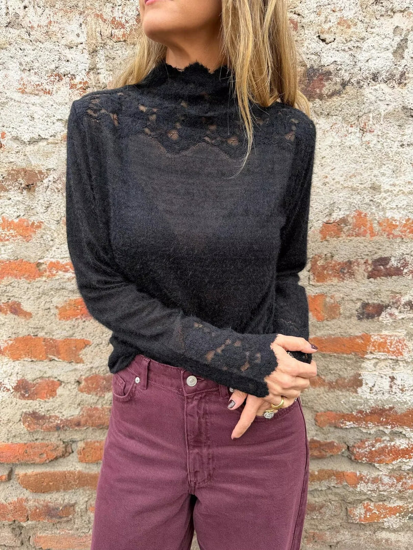 Mock Neck Lace Crochet Long Sleeve Tee Women N6G273