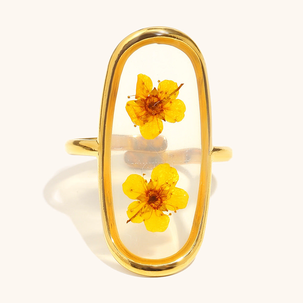 Real Flower Steel Ring Gold Plated Adjustable S5P002