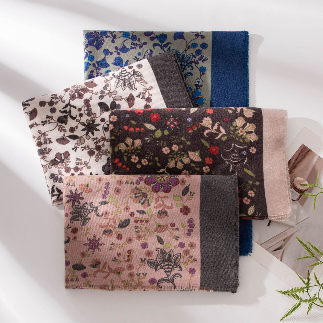 Floral Print Faux Cashmere Wrap with Fringe  M5A183