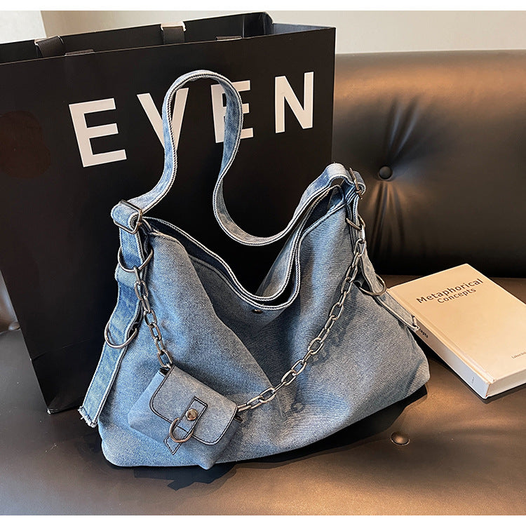 Women's Washed Denim Chain Strap Tote Bag N6J200