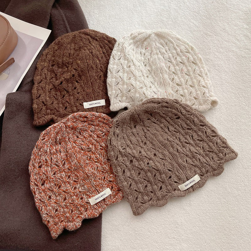 100% Wool Crochet Lace Hollow Knit Beanie Women N6H219