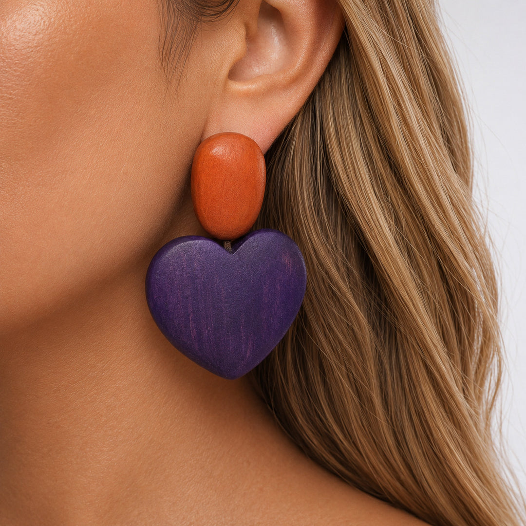 Womens Vintage Wooden Heart Stud Earrings N6K159