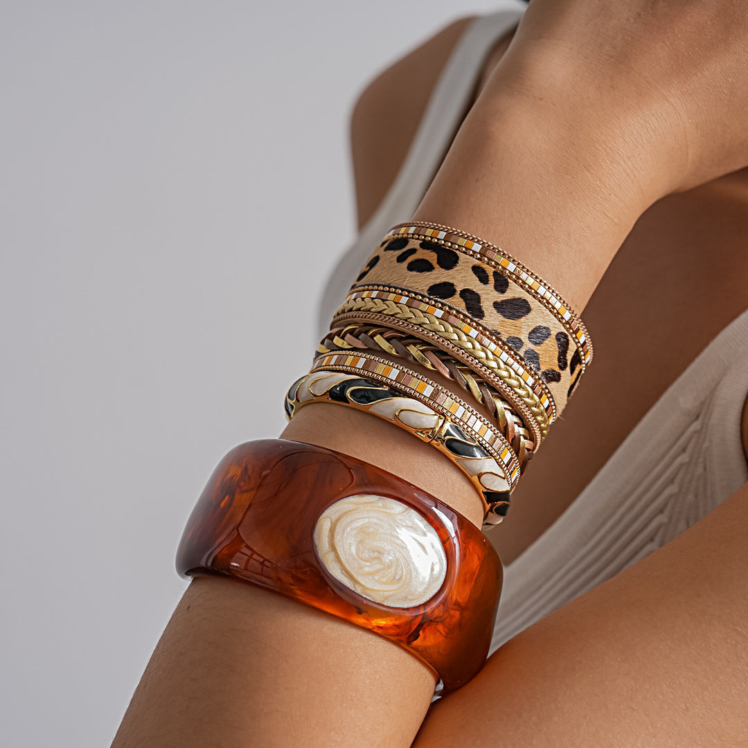 Vintage Leather Leopard Braided Magnetic Clasp Bangle N6H088