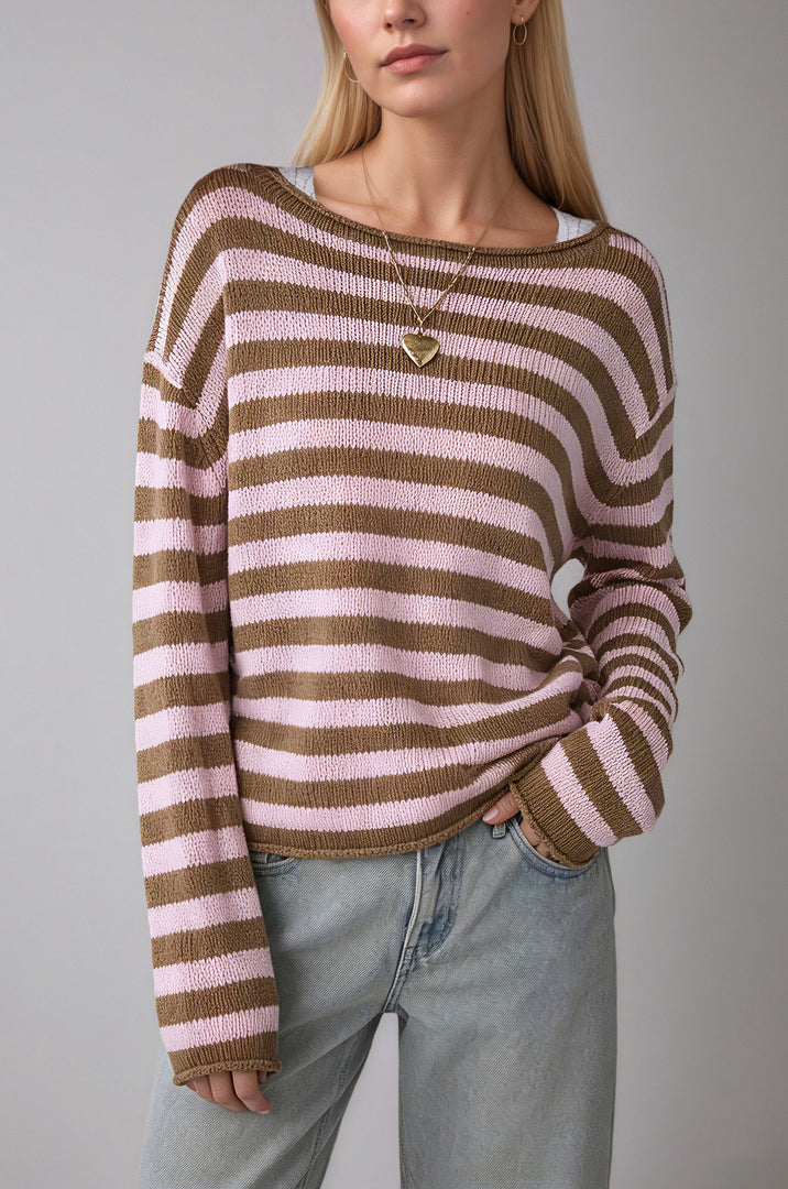 Striped Color-Block Loose Pullover Sweater Women N6H287