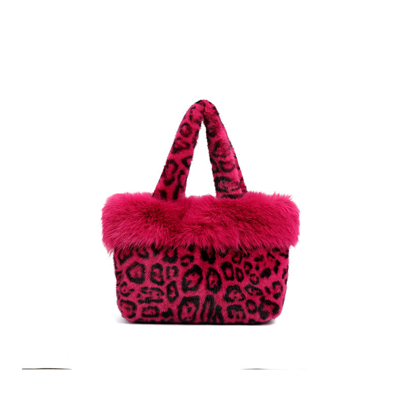 Women's Plush Leopard Print Bucket Handbag N6J174