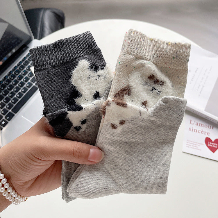 Cartoon Cat Plush Mid-Calf Socks Women Warm N6H002