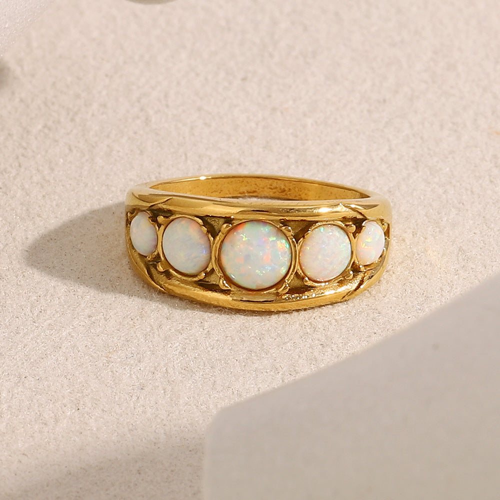 Opal French Ring Steel 18K Gold Vintage Luxury S5P021
