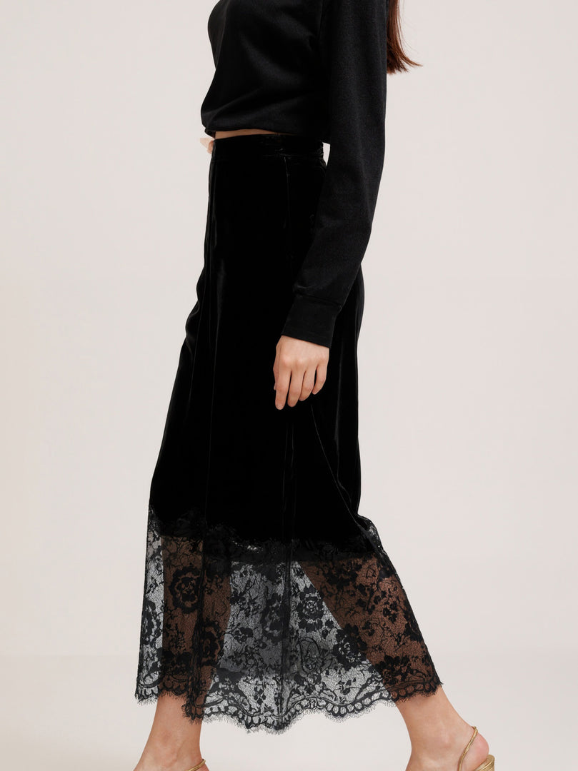 Velvet Lace High Waist Bodycon Midi Skirt Slit N6F195