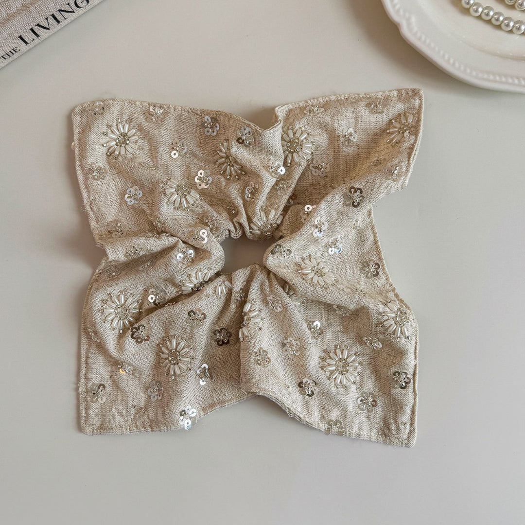 Linen Handmade Sequin Beaded Square Scrunchie N6F139