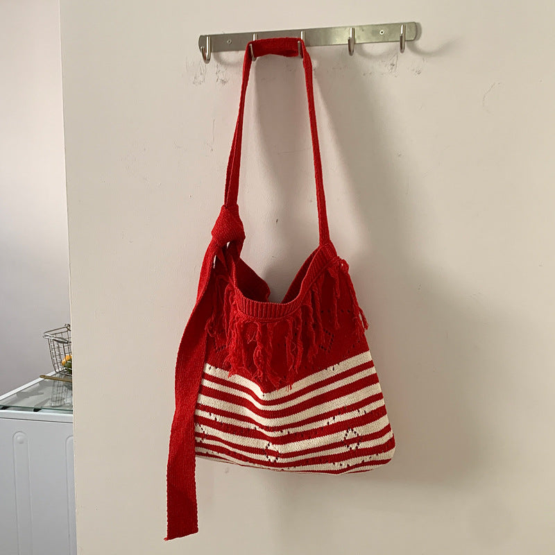 Striped Color Block Fringe Knit Crossbody Tote Bag N6C055