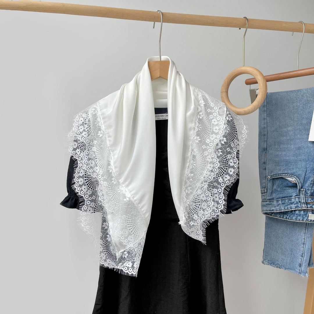 Satin Sun Protection Lace Trim Square Scarf Women N6H120